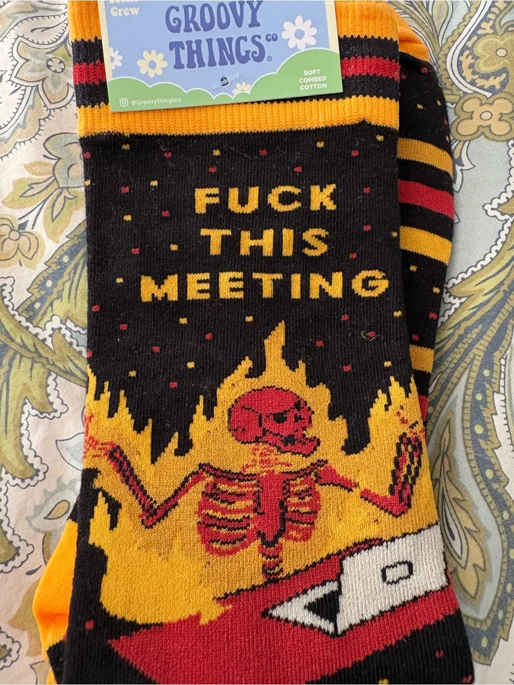 Groovy Things Men's Black & Yellow Novelty Crew Socks - 'F*** This Meeting'